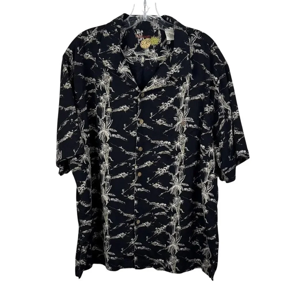 Caribbean Silk Blend Men's XL Black White Hawaiian Palm Tree Camp Shirt